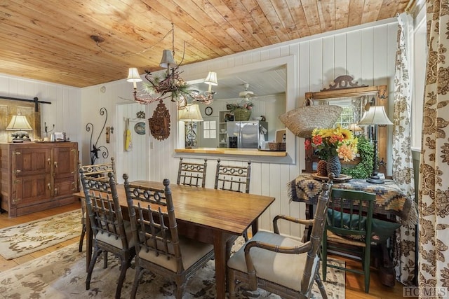 dining room featuring wooden ceiling, wood-type flooring, wooden walls, and a notable chandelier