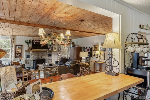 dining space with wooden ceiling, beam ceiling, wood walls, and a stone fireplace