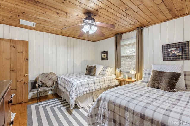 bedroom with ceiling fan, wooden ceiling, wood-type flooring, and wood walls