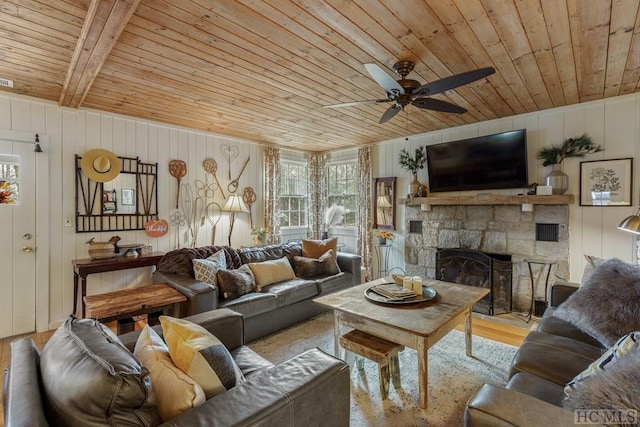 living room with wood ceiling, wooden walls, ceiling fan, a fireplace, and beamed ceiling