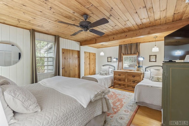 bedroom featuring ceiling fan, beamed ceiling, hardwood / wood-style flooring, and wooden ceiling