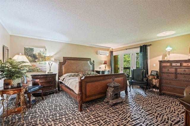 369 Meadow Way Unit 1713, Sapphire, NC 28774 - bedroom with ornamental molding, a wall unit AC, french doors, dark carpet, and a textured ceiling
