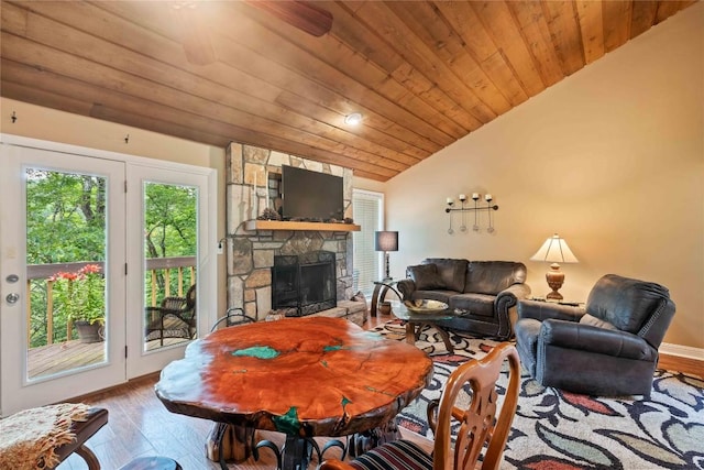 369 Meadow Way Unit 1713, Sapphire, NC 28774 - living area featuring wooden ceiling, lofted ceiling, hardwood / wood-style floors, and a fireplace