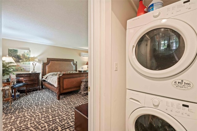 369 Meadow Way Unit 1713, Sapphire, NC 28774 - washroom featuring stacked washer / dryer, carpet flooring, and a textured ceiling