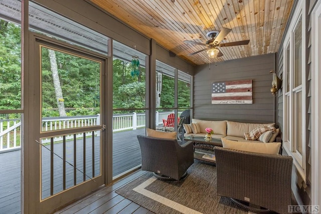 sunroom featuring wood ceiling and ceiling fan