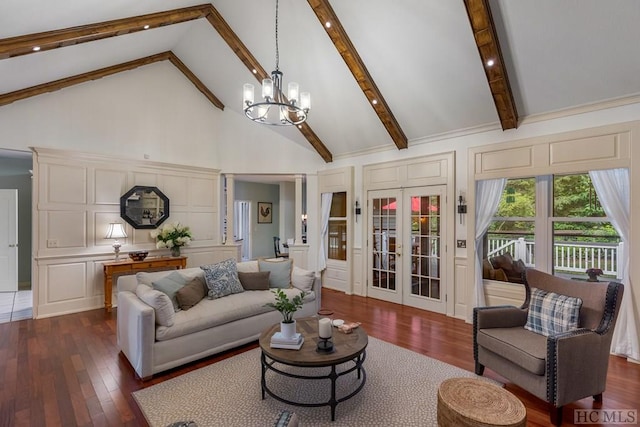 living room featuring french doors, high vaulted ceiling, dark hardwood / wood-style floors, a notable chandelier, and beam ceiling