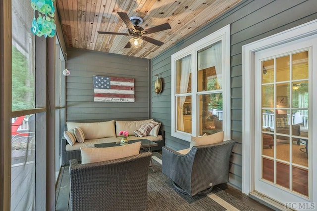 sunroom featuring ceiling fan and wooden ceiling