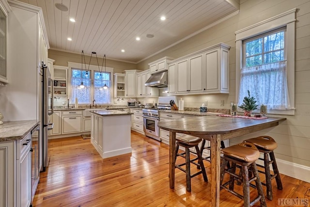 kitchen featuring high quality appliances, hanging light fixtures, wood ceiling, a kitchen island, and white cabinetry