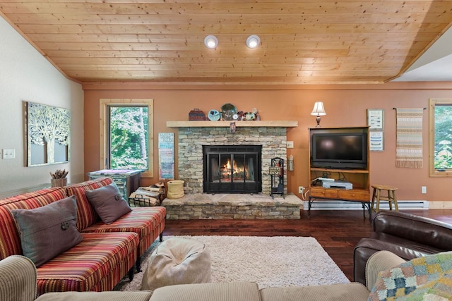 293 Gem Creek Rd, Cullowhee, NC 28723 - living room featuring wooden ceiling, healthy amount of natural light, wood finished floors, a stone fireplace, and lofted ceiling