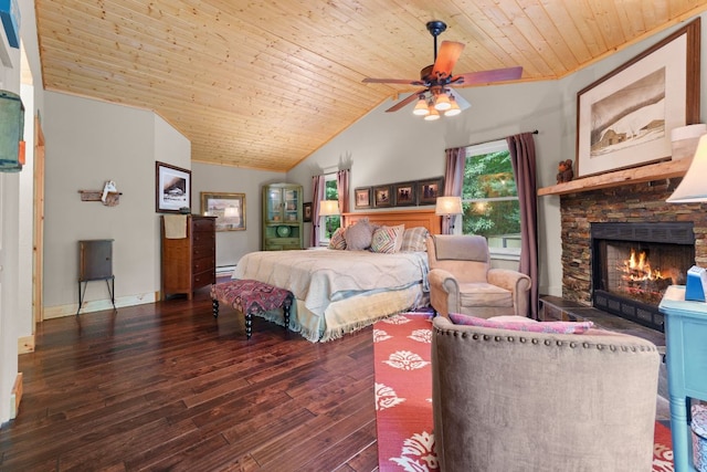 293 Gem Creek Rd, Cullowhee, NC 28723 - bedroom with hardwood / wood-style flooring, wooden ceiling, a fireplace, lofted ceiling, and a baseboard heating unit