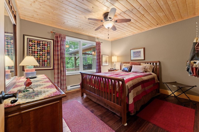 293 Gem Creek Rd, Cullowhee, NC 28723 - bedroom with wooden ceiling, hardwood / wood-style flooring, baseboard heating, a textured wall, and a ceiling fan