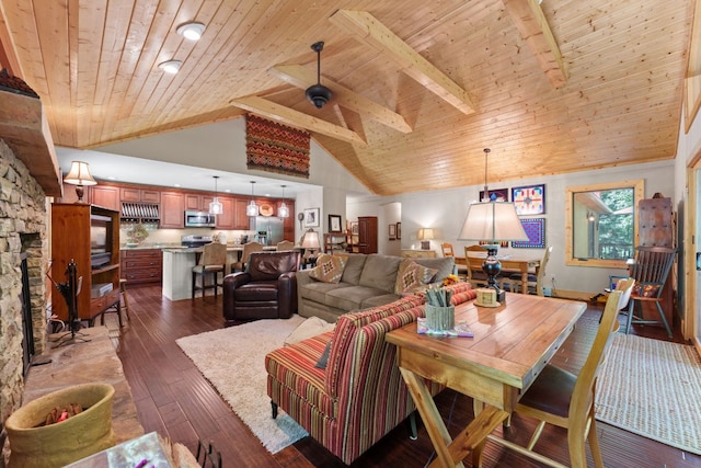 293 Gem Creek Rd, Cullowhee, NC 28723 - living area with a wood ceiling with exposed beams, a ceiling fan, dark wood-type flooring, and high vaulted ceiling