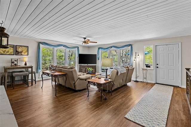 living room with ceiling fan, dark hardwood / wood-style floors, and wood ceiling