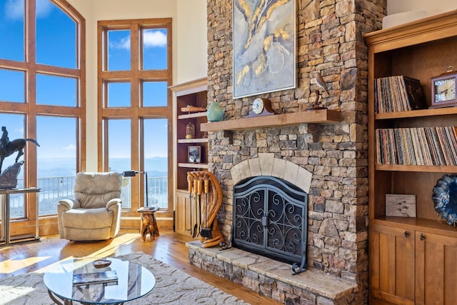 living room with a stone fireplace, wood finished floors, and a high ceiling