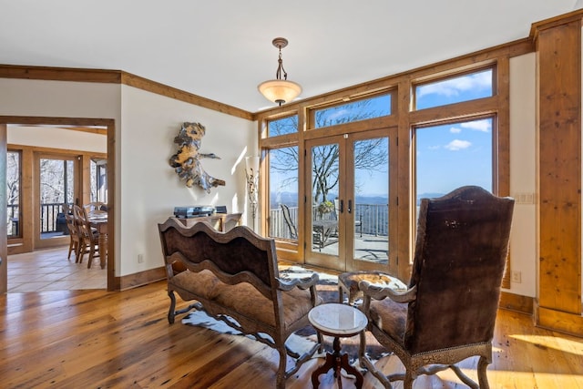 living room with baseboards, wood finished floors, and french doors