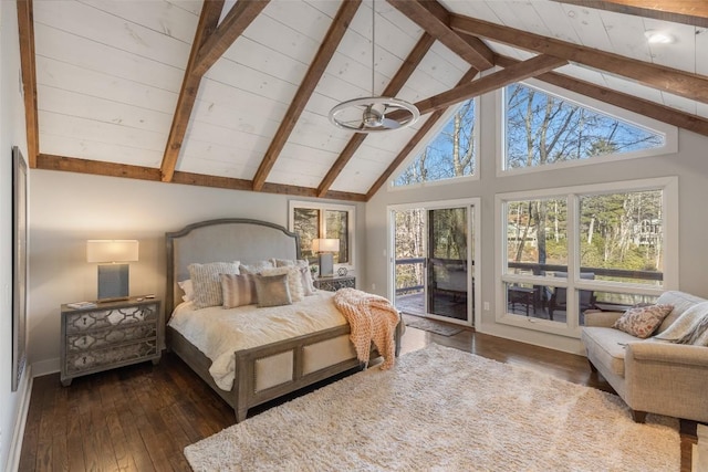 bedroom with high vaulted ceiling, wooden ceiling, access to outside, dark wood-style floors, and beamed ceiling