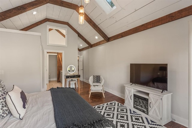 bedroom featuring a skylight, wood finished floors, wood ceiling, baseboards, and beamed ceiling