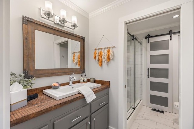 full bathroom with toilet, marble finish floor, crown molding, vanity, and a shower stall