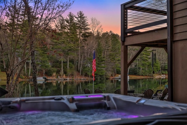 parking at dusk with a water view