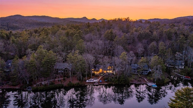 aerial view at dusk with a forest view and a water and mountain view