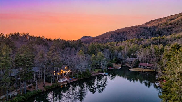 property view of mountains with a water view and a wooded view