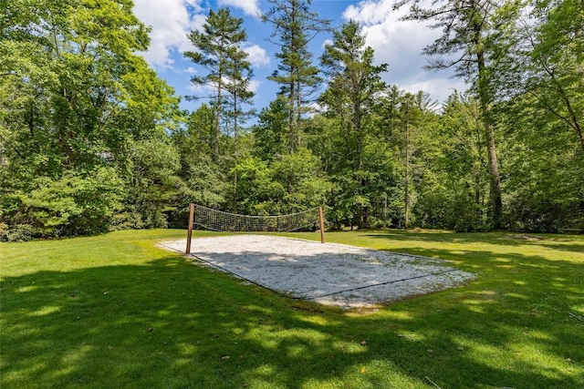 view of home's community with a lawn and volleyball court