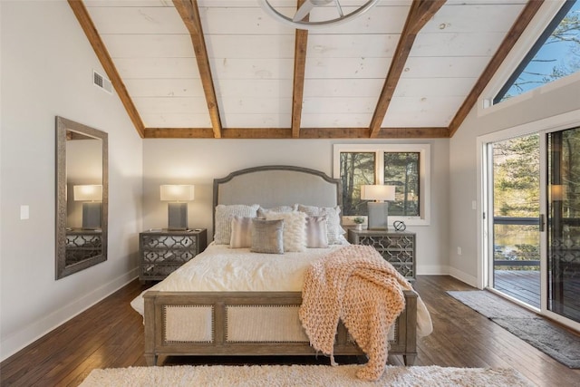 bedroom with dark wood-type flooring, access to outside, lofted ceiling with beams, and baseboards