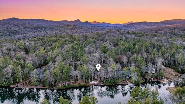 bird's eye view with a water and mountain view and a view of trees