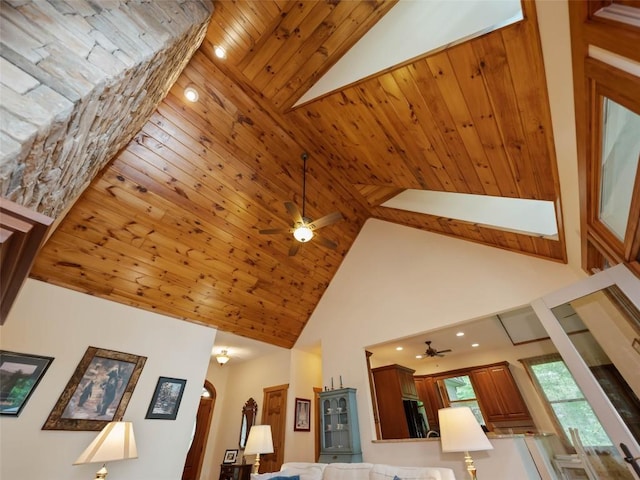 219 Hiwassee Rd, Lake Toxaway, NC 28747 - living room with ceiling fan, high vaulted ceiling, wood ceiling, and arched walkways