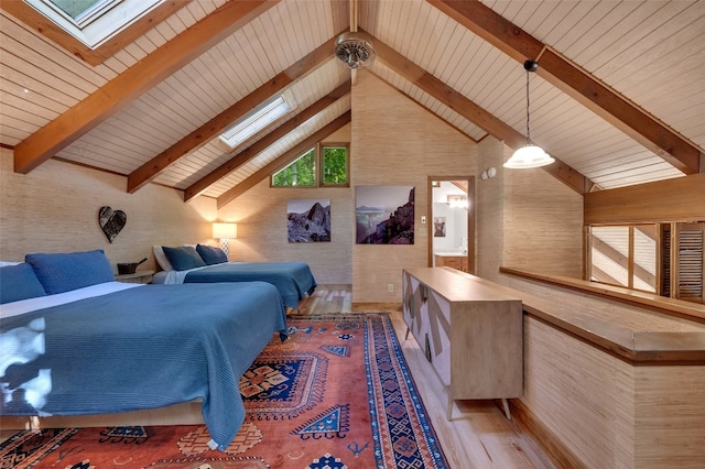 35 Toxaway Landing Dr, Lake Toxaway, NC 28747 - bedroom with a skylight, light wood-style flooring, and wooden ceiling