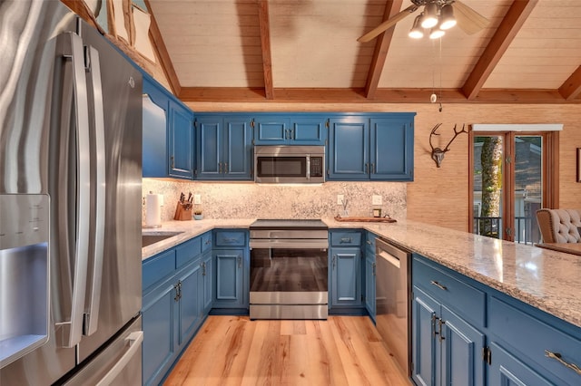 35 Toxaway Landing Dr, Lake Toxaway, NC 28747 - kitchen featuring appliances with stainless steel finishes, blue cabinetry, light wood-type flooring, decorative backsplash, and a wooden ceiling with exposed beams