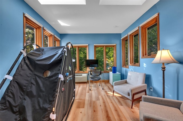 35 Toxaway Landing Dr, Lake Toxaway, NC 28747 - living area featuring light wood-style flooring, a skylight, and a wall mounted AC