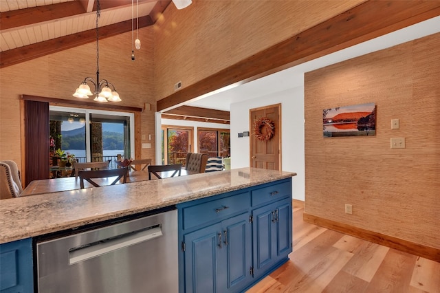 35 Toxaway Landing Dr, Lake Toxaway, NC 28747 - kitchen featuring blue cabinetry, stainless steel dishwasher, light wood-type flooring, a chandelier, and decorative light fixtures
