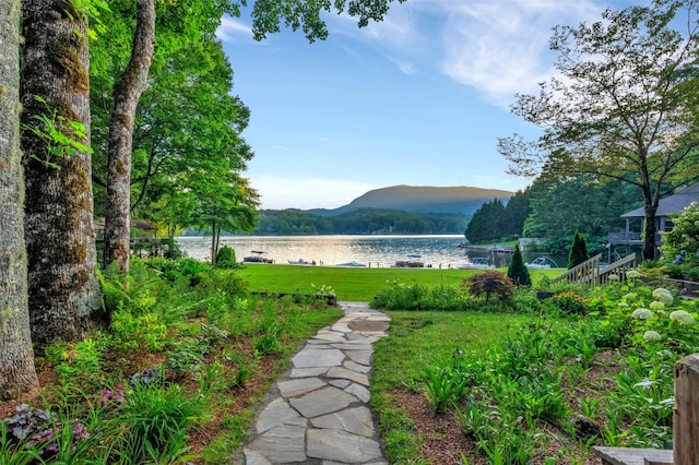 35 Toxaway Landing Dr, Lake Toxaway, NC 28747 - view of grassy yard with a water and mountain view