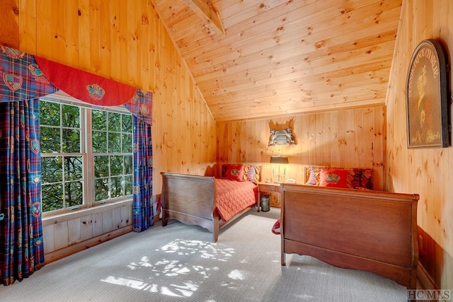 bedroom with carpet, vaulted ceiling with beams, wooden ceiling, and wooden walls