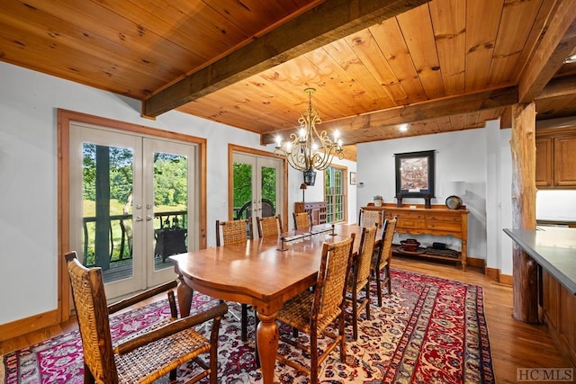 dining room with beam ceiling, a notable chandelier, light hardwood / wood-style floors, wooden ceiling, and french doors