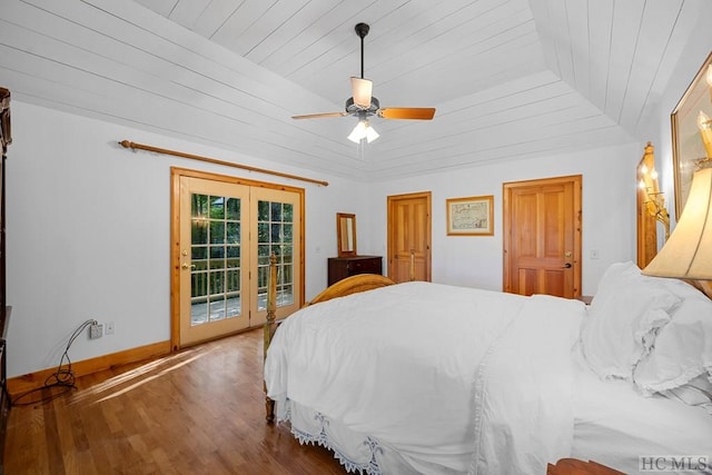 bedroom featuring wood ceiling, ceiling fan, hardwood / wood-style floors, access to outside, and french doors