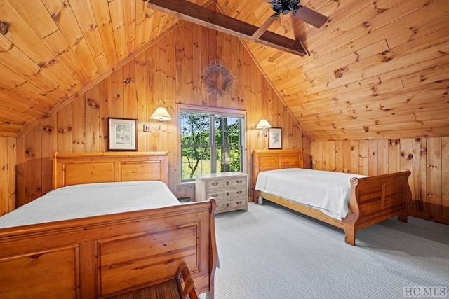 carpeted bedroom featuring wood ceiling, wooden walls, lofted ceiling with beams, and ceiling fan