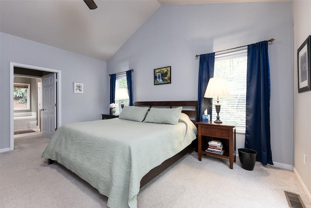 60 Pine Cone Ct, Sapphire, NC 28774 - bedroom with light colored carpet, baseboards, ensuite bathroom, high vaulted ceiling, and a ceiling fan