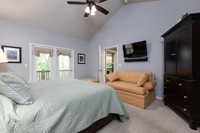 60 Pine Cone Ct, Sapphire, NC 28774 - bedroom with access to outside, light carpet, high vaulted ceiling, ceiling fan, and baseboards