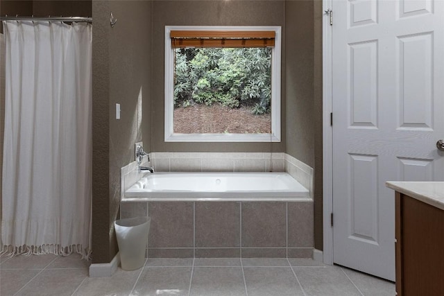 60 Pine Cone Ct, Sapphire, NC 28774 - full bathroom with tile patterned floors, tiled tub, vanity, a textured wall, and a shower with curtain
