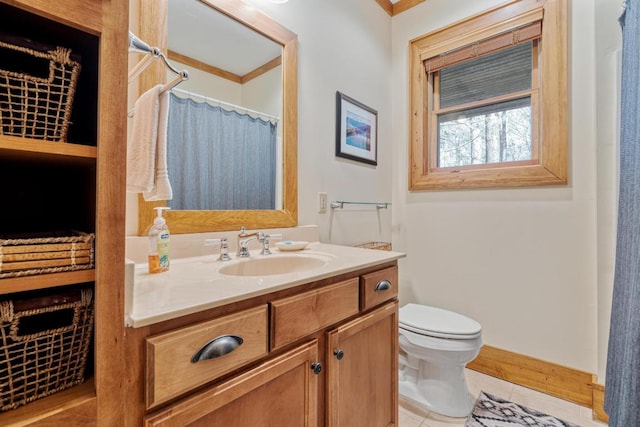 full bathroom with tile patterned flooring, toilet, vanity, a shower with shower curtain, and baseboards