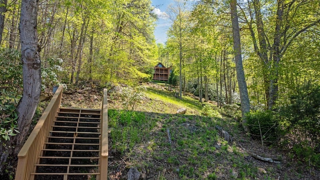 view of yard with stairway and a view of trees
