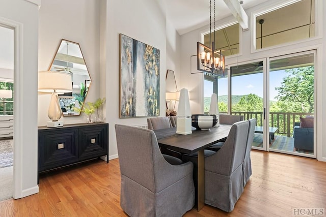 dining area with hardwood / wood-style flooring, a healthy amount of sunlight, and a chandelier