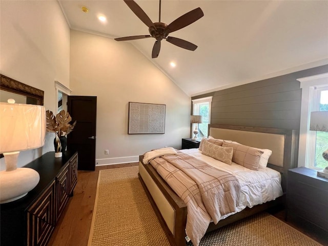 bedroom featuring recessed lighting, baseboards, a ceiling fan, and light wood finished floors