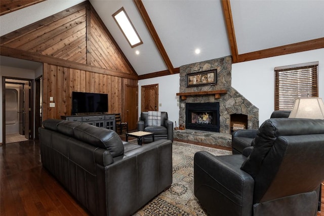 116 Fairway Villas Dr Unit D, Sapphire, NC 28774 - living area with high vaulted ceiling, dark wood-style floors, beamed ceiling, a fireplace, and wood walls