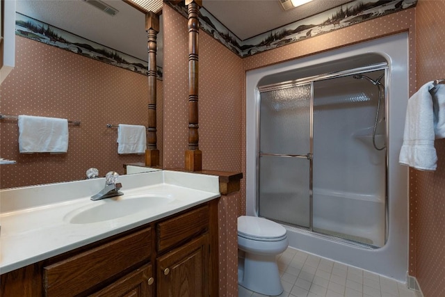 116 Fairway Villas Dr Unit D, Sapphire, NC 28774 - bathroom with a shower with door, tile patterned floors, vanity, and wallpapered walls
