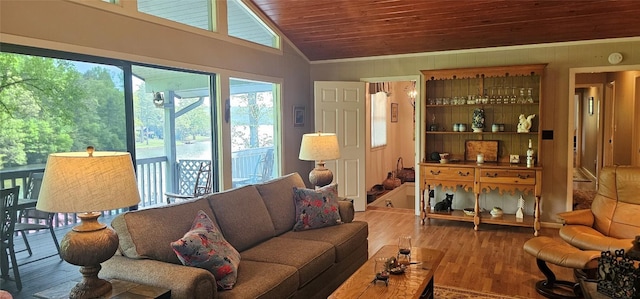 239 Island Point Rd, Lake Toxaway, NC 28747 - living area featuring wood finished floors, vaulted ceiling, wooden ceiling, and wood walls