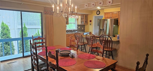 239 Island Point Rd, Lake Toxaway, NC 28747 - dining area with wood finished floors, a chandelier, and wood walls