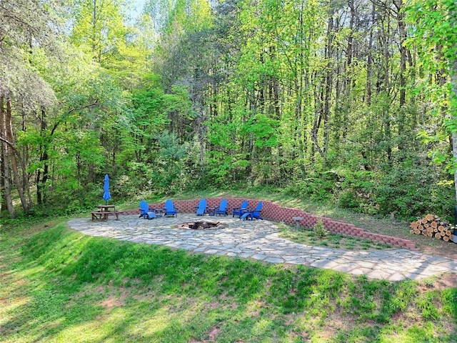 view of yard with a patio, a view of trees, and an outdoor fire pit